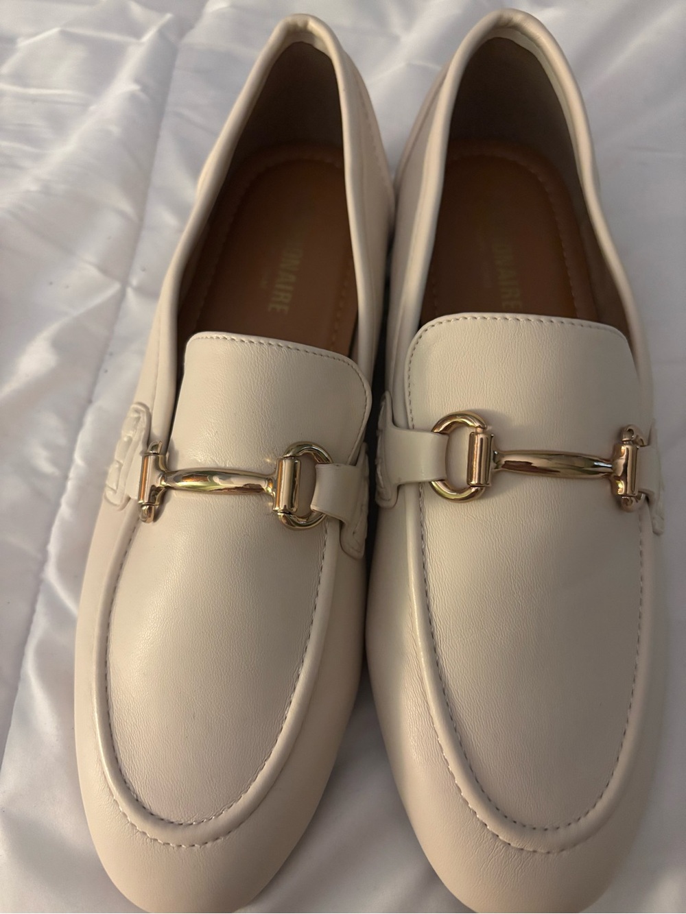 Cream Leather Loafers with Gold Horsebit Detail